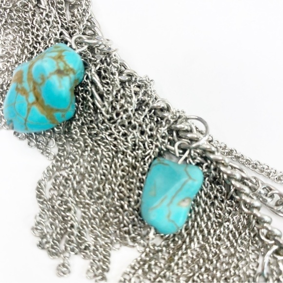 Silver Tone Turquoise Chunky Fringe Boho Necklace - Picture 8 of 11